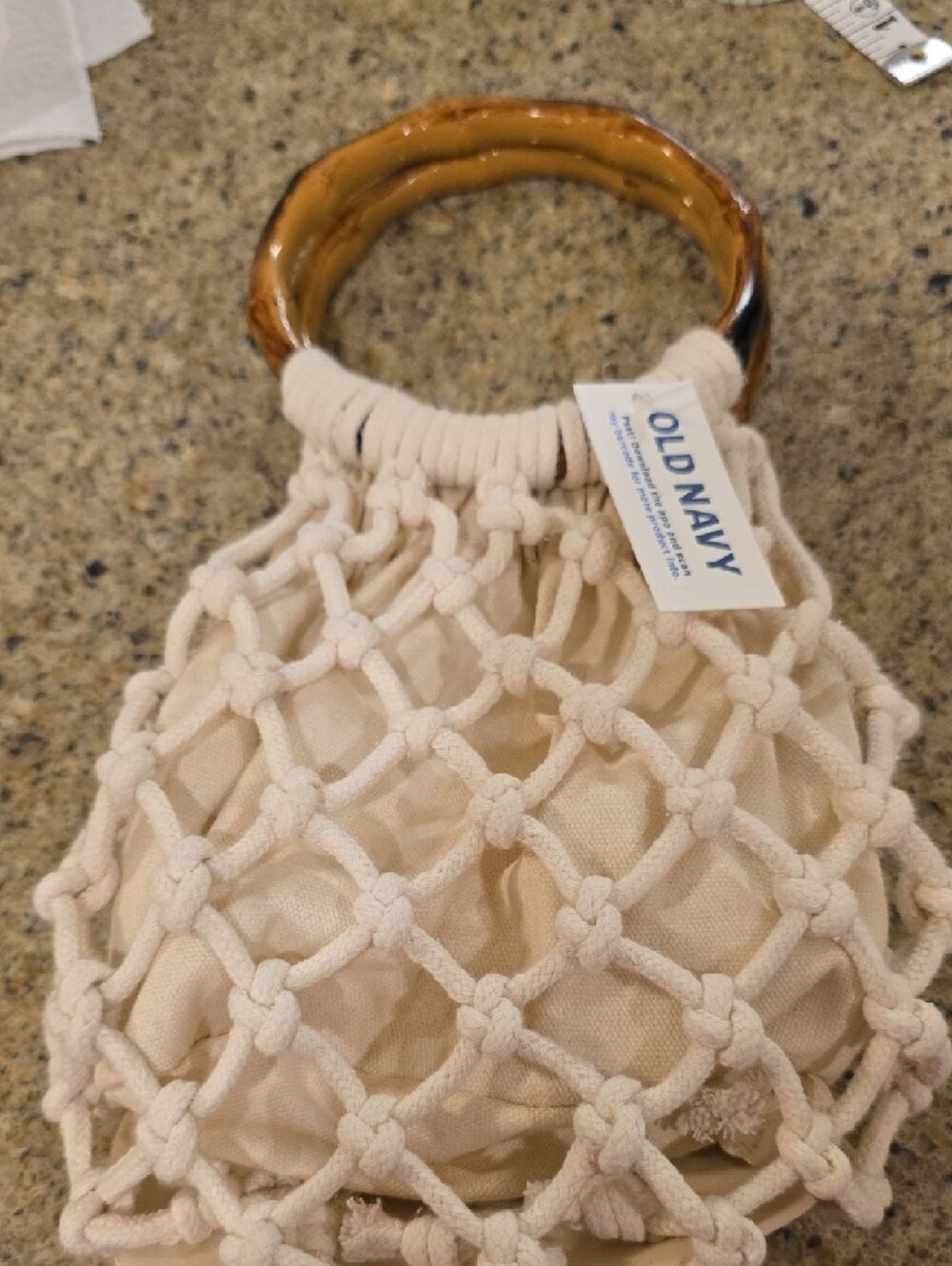 OLD NAVY VINTAGE Macrame Net Bag with Amber Resin Ring Handles - Cream - Picture 3 of 6